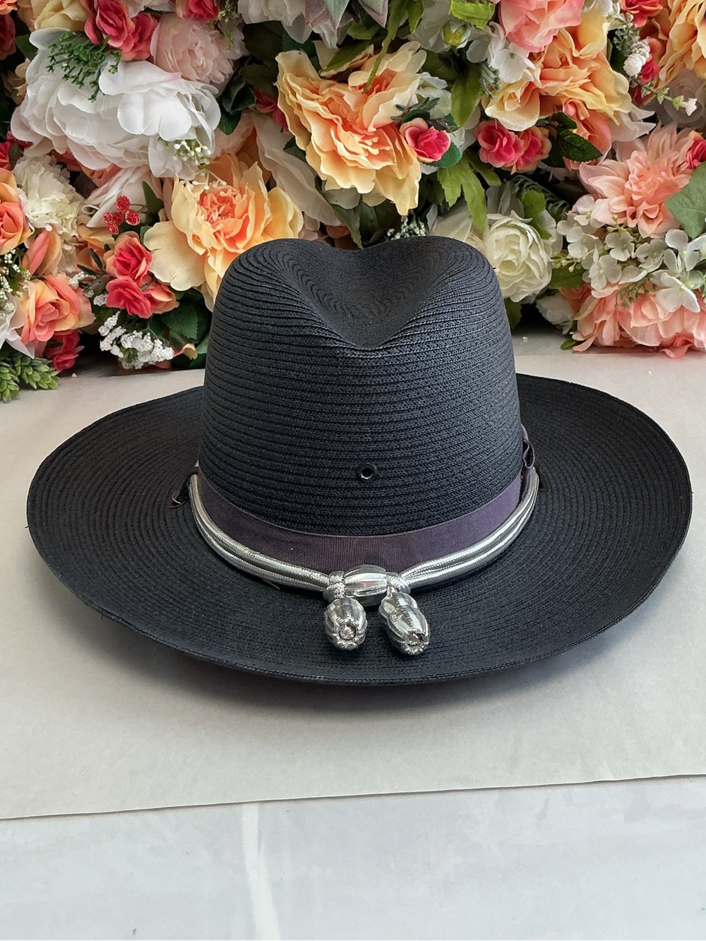 Navy Straw State Trooper Police Campaign Hat 6 7/8 Long Oval Silver Cord